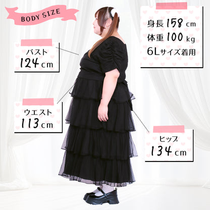 ノワール・ドットチュール・バックリボンティアードセットアップ（3L/4L/5L/6L）/Taberunosky（タベルノスキー）