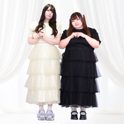 ノワール・ドットチュール・バックリボンティアードセットアップ（3L/4L/5L/6L）/Taberunosky（タベルノスキー）