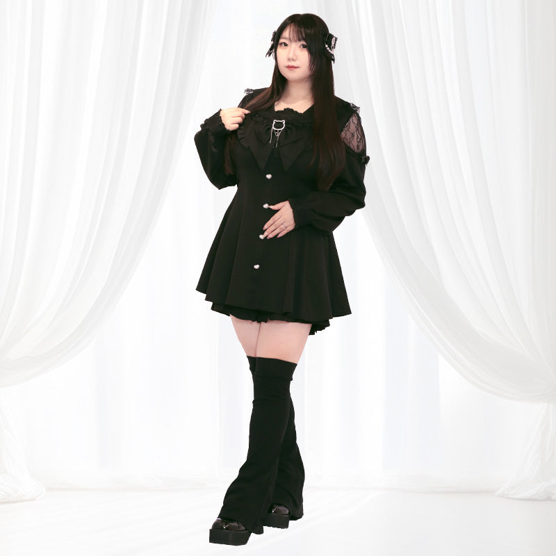 黒猫ビッグリボンの地雷ブラックワンピースセットアップ （3L/4L/5L/6L）/Taberunosky（タベルノスキー）