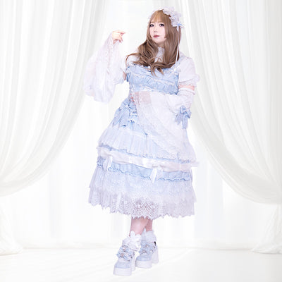 【予約】ミルキーブルーの夢編みフリルロリータワンピースドレスセット(3L/4L/5L)
