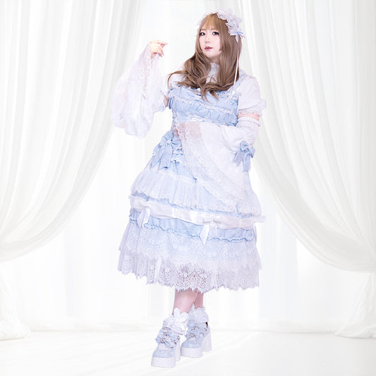 【予約】ミルキーブルーの夢編みフリルロリータワンピースドレスセット(3L/4L/5L)