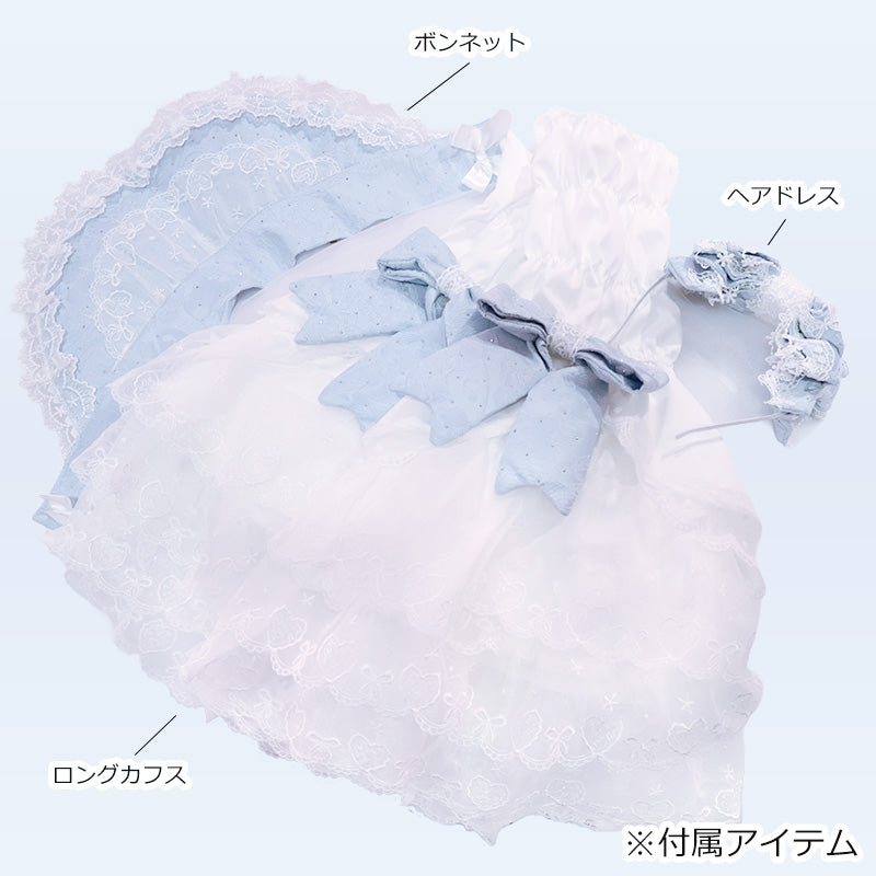 大きいサイズ レディース ミルキーブルーの夢編みフリルロリータワンピースドレスセット(3L/4L/5L)