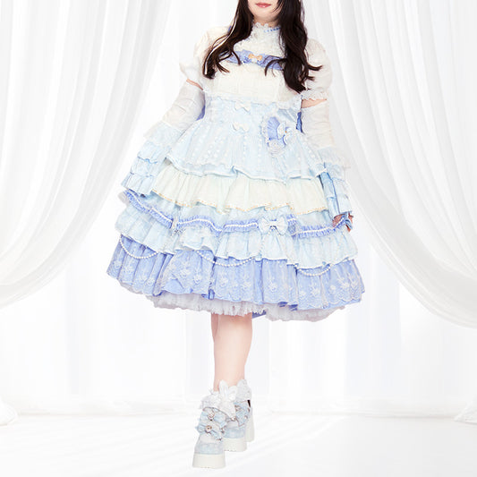 【予約】ローズブルーの祝福レースロリータワンピースドレスセット(3L/4L/5L)