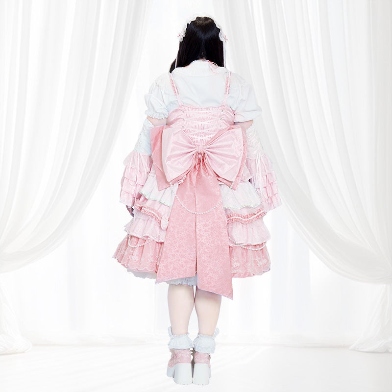 ロリータワンピース3点セット ピンク 長袖シャツ ヘッドドレス フリル リボン ロリータ ワンピース ロリータワンピース ヘッドドレス 長袖 Lolita