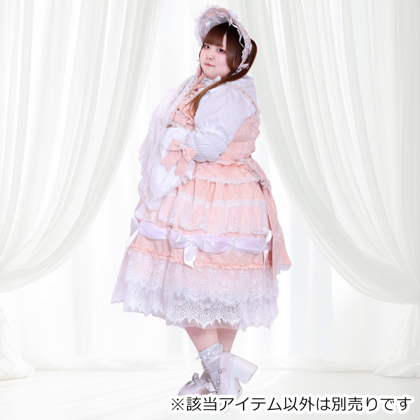 大きいサイズ レディース Milky Pink Dream-Knit Frill Lolita One-Piece Dress Set (3L/4L/5L)