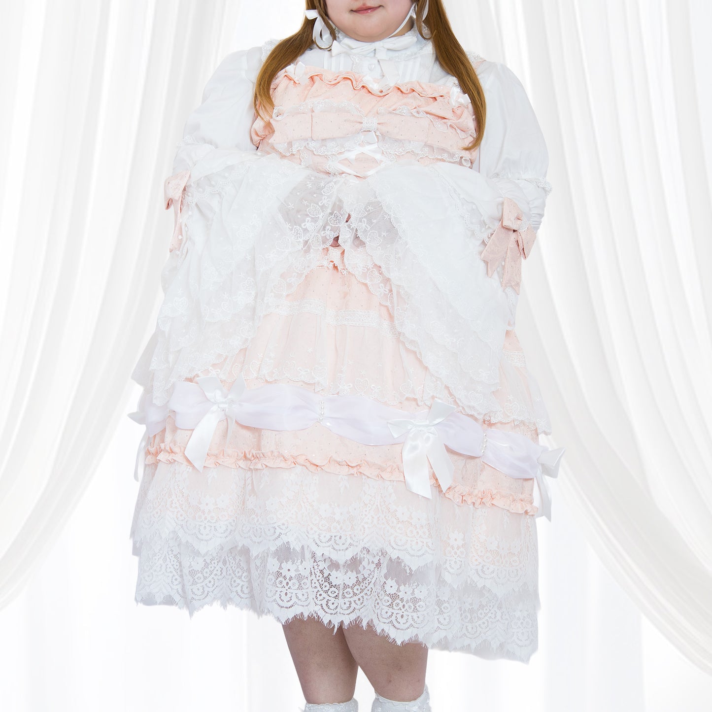 大きいサイズ レディース Milky Pink Dream-Knit Frill Lolita One-Piece Dress Set (3L/4L/5L)