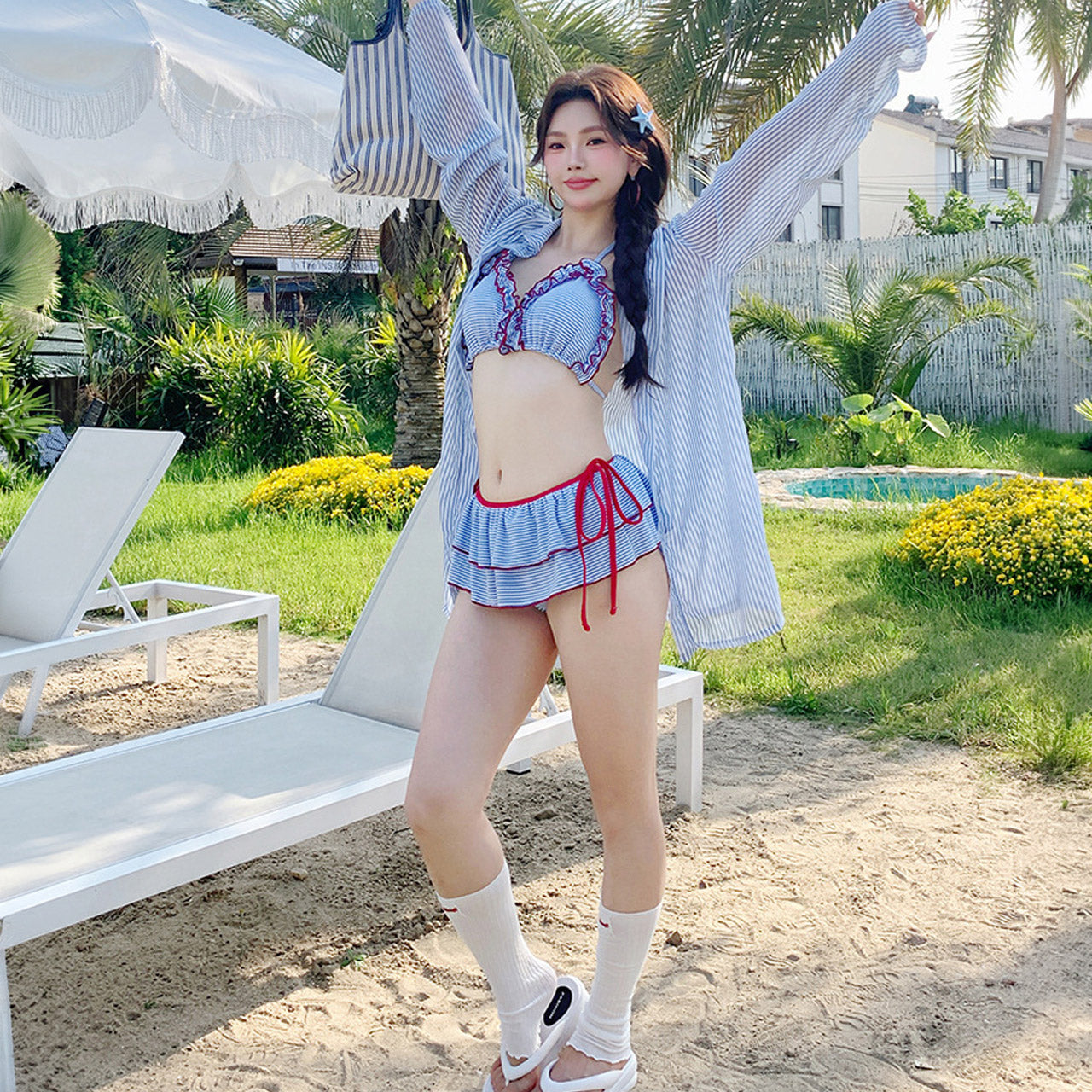 大きいサイズ レディース マリンボーダーのビキニスイムウェアセット水着(L/LL/3L/4L/5L)