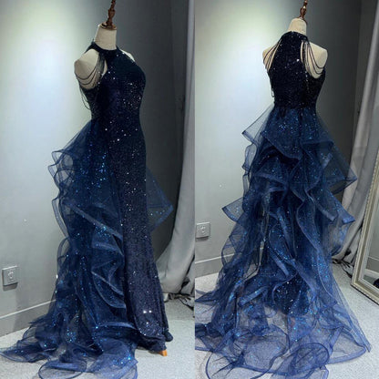 星屑パーティのラッフルロングドレス (LL/3L/4L/5L/6L/7L/8L/9L)オーダーメイド/オケージョン/結婚式お呼ばれ