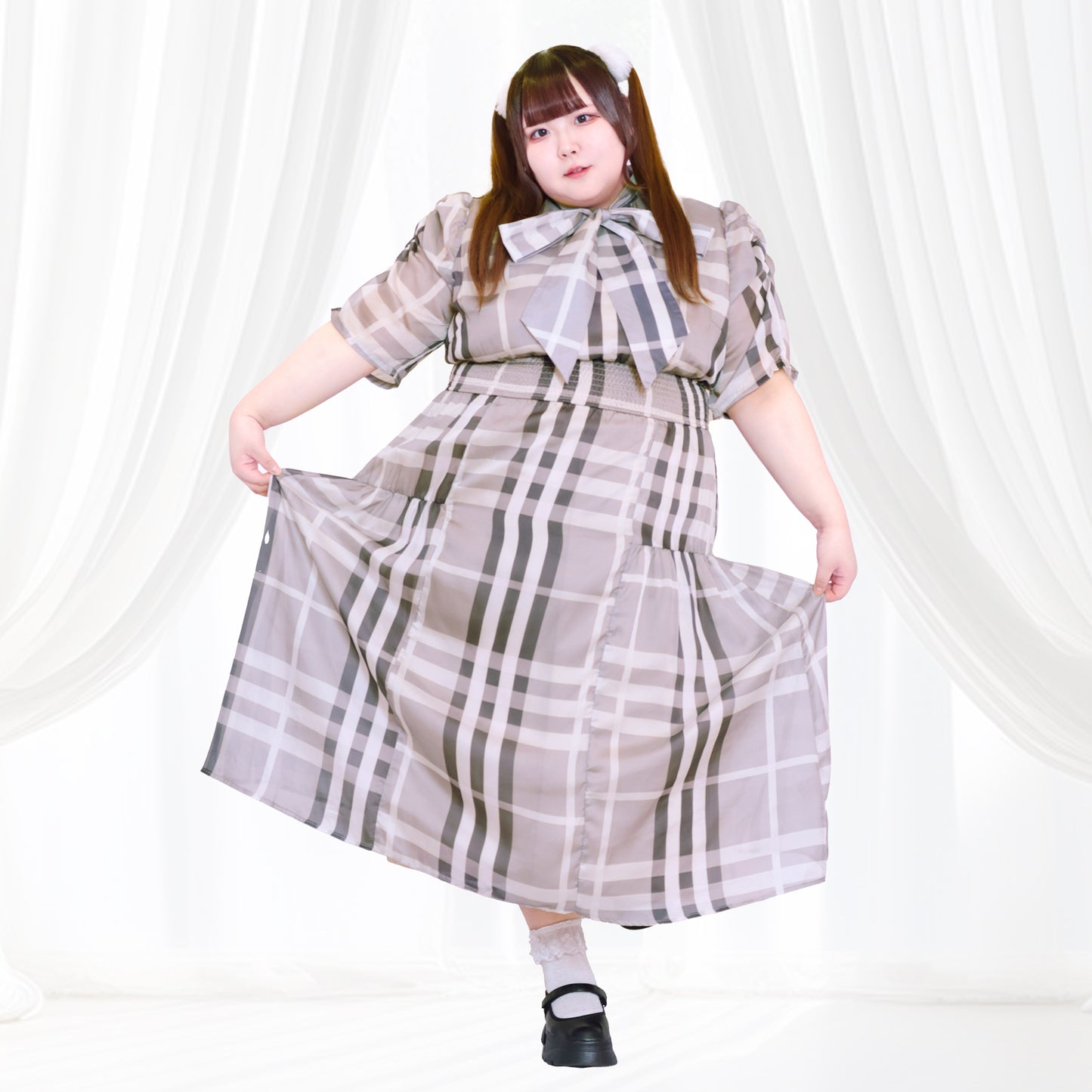 大きいサイズ レディース パルファムチェック・ワンピース　グレー（3L/4L/5L/6L）/Taberunosky（タベルノスキー）
