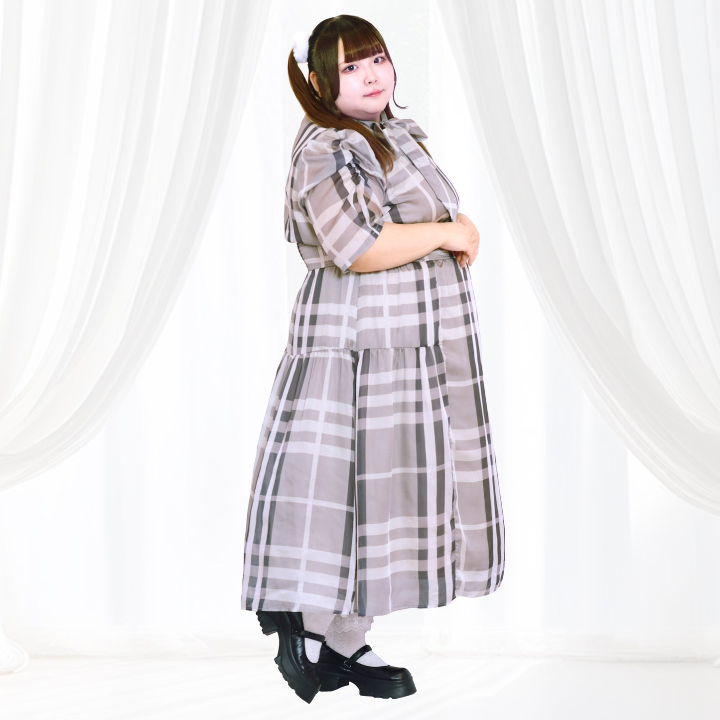 大きいサイズ レディース パルファムチェック・ワンピース　グレー（3L/4L/5L/6L）/Taberunosky（タベルノスキー）