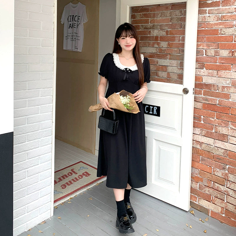 大きいサイズ レディース｜黒リボン付きレースカラー半袖ワンピース(LL
