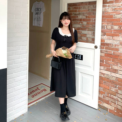 黒リボン付きレースカラー半袖ワンピース(LL/3L/4L/5L)