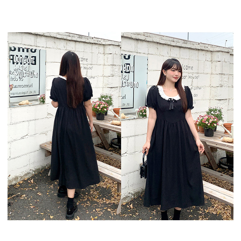 大きいサイズ レディース｜黒リボン付きレースカラー半袖ワンピース(LL