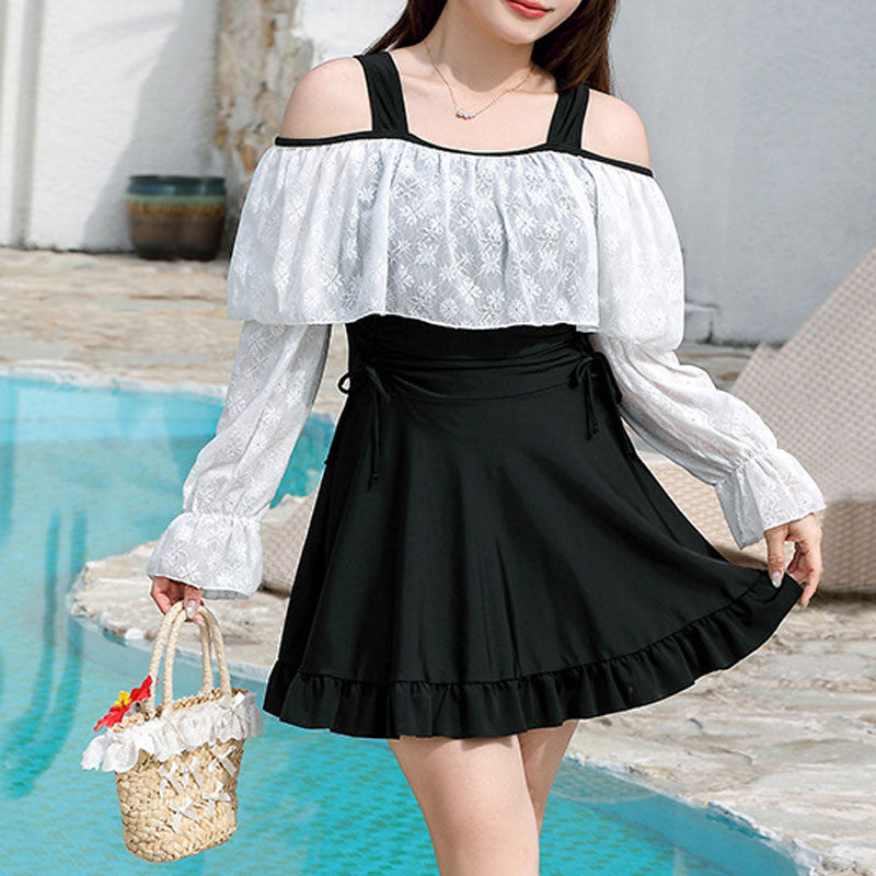 大きいサイズ レディース オフショルレースフリル水着ワンピース ブラック切替 長袖 体型カバー スイムウェア 着用イメージ正面