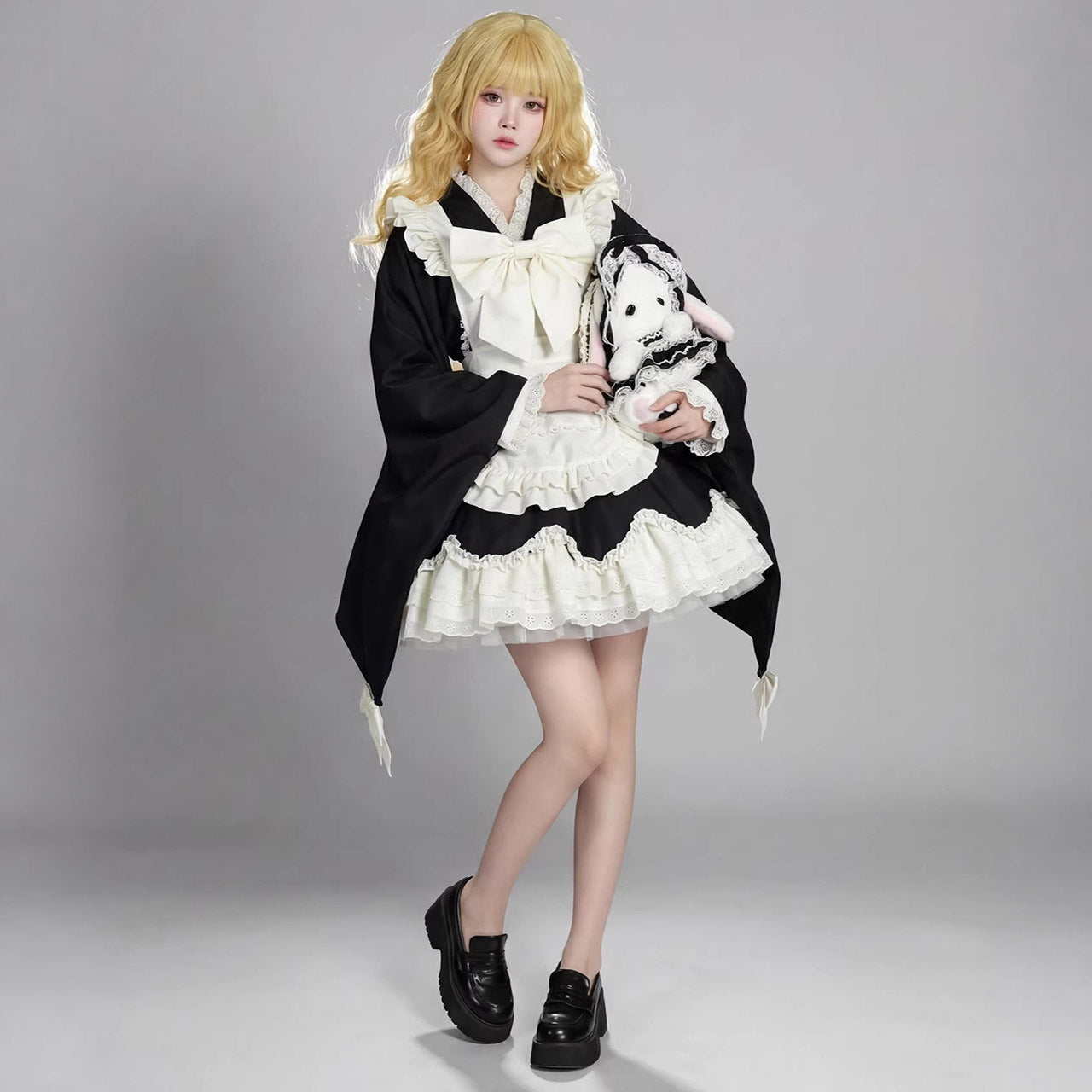 大きいサイズ レディース 宵闇リボンの和風メイドワンピース・ハロウィン・コスプレ(M/L-LL/3L-4L/5L-6L)