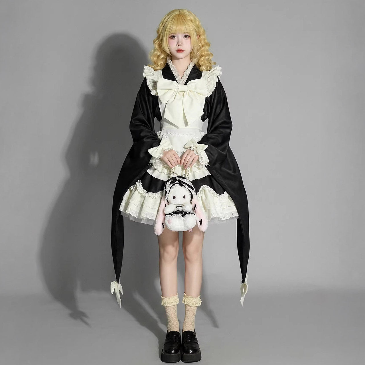 大きいサイズ レディース 宵闇リボンの和風メイドワンピース・ハロウィン・コスプレ(M/L-LL/3L-4L/5L-6L)