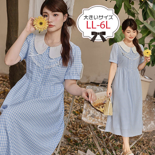 大きいサイズ レディース ブルーギンガムチェック丸襟レースワンピース 半袖 フリルリボンデザイン 着用イメージ