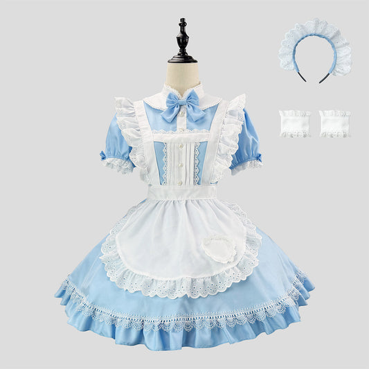 大きいサイズ レディース 水色×白のメイドワンピース フリルエプロンとリボン付きコスプレ衣装の着用イメージ