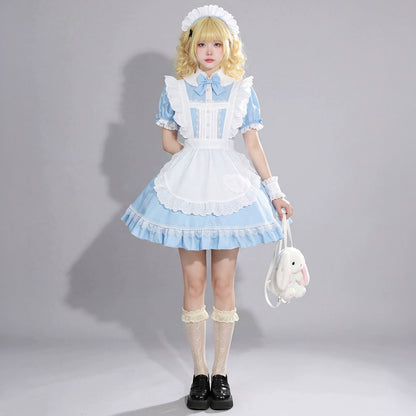 大きいサイズ レディース 水色×白のメイドワンピース フリルエプロンとリボン付きコスプレ衣装の着用イメージ01