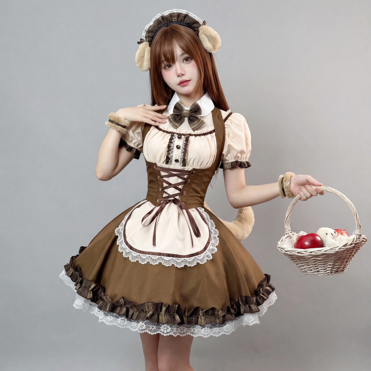 大きいサイズ レディース ブラウンチェックのワンちゃんメイドワンピ・ハロウィン・コスプレ(M/L/LL/3L/4L/5L/6L)