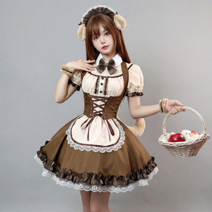 ブラウンチェックのワンちゃんメイドワンピ・ハロウィン・コスプレ(M/L/LL/3L/4L/5L/6L)
