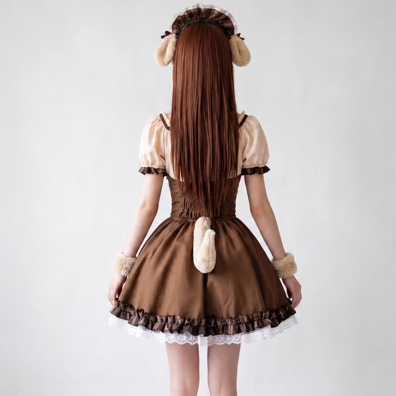 大きいサイズ レディース ブラウンチェックのワンちゃんメイドワンピ・ハロウィン・コスプレ(M/L/LL/3L/4L/5L/6L)