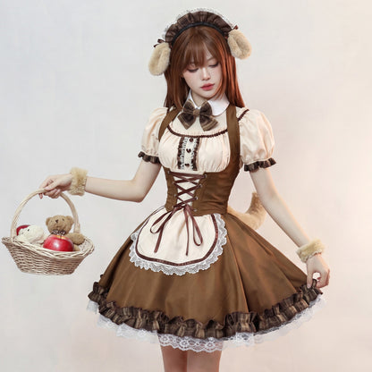ブラウンチェックのワンちゃんメイドワンピ・ハロウィン・コスプレ(M/L/LL/3L/4L/5L/6L)