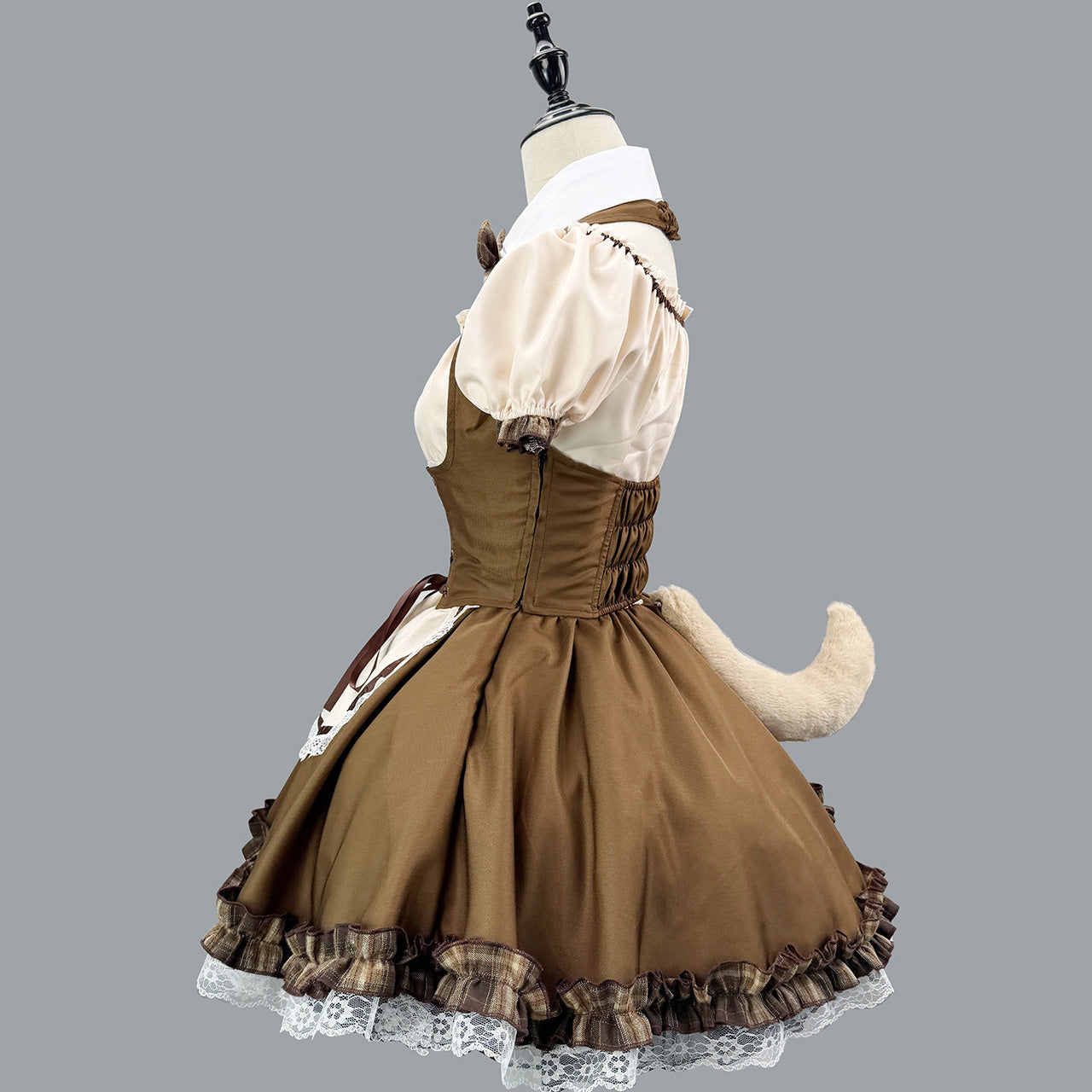 大きいサイズ レディース ブラウンチェックのワンちゃんメイドワンピ・ハロウィン・コスプレ(M/L/LL/3L/4L/5L/6L)