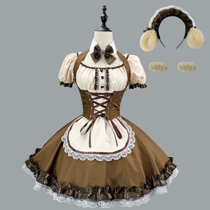ブラウンチェックのワンちゃんメイドワンピ・ハロウィン・コスプレ(M/L/LL/3L/4L/5L/6L)