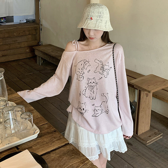 大きいサイズ レディース にゃんこ落書きオフショルTシャツ(L/LL/3L/4L/5L)