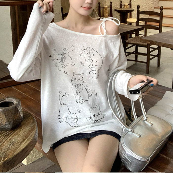大きいサイズ レディース にゃんこ落書きオフショルTシャツ(L/LL/3L/4L/5L)