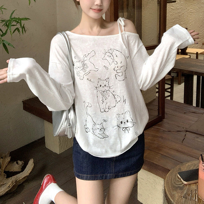 大きいサイズ レディース にゃんこ落書きオフショルTシャツ(L/LL/3L/4L/5L)