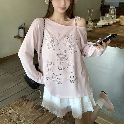 にゃんこ落書きオフショルTシャツ(L/LL/3L/4L/5L)