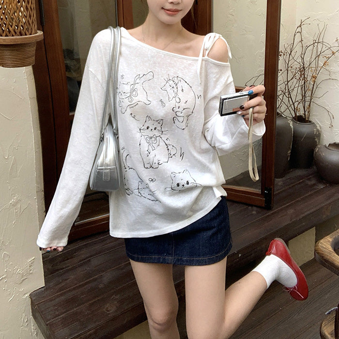 大きいサイズ レディース にゃんこ落書きオフショルTシャツ(L/LL/3L/4L/5L)