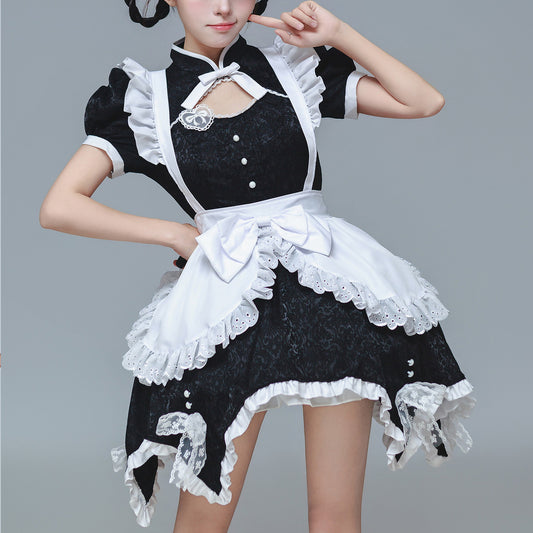 大きいサイズレディース　プラスサイズ　コスプレ　メイド　白と黒のジャガードチャイナメイドワンピース (M/L/2L/3L/4L/5L/6L)