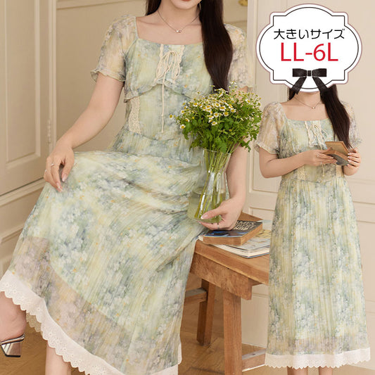 大きいサイズ レディース 淡いミント花柄レース切替ロングワンピース 半袖 スクエアネック ふんわり着用イメージ