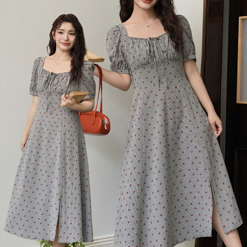 大きいサイズ レディース ギンガムチェックチェリー柄スクエアネックワンピース 半袖 フレアシルエット 着用イメージ