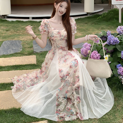 花ひらくチュールブーケ半袖ワンピース (L/LL/3L/4L/5L)