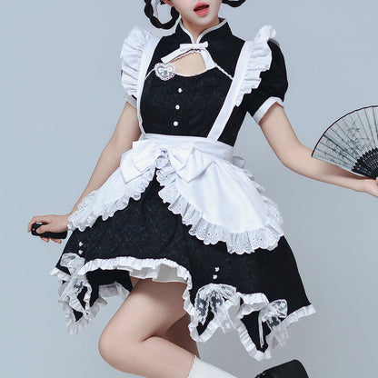 大きいサイズレディース　プラスサイズ　コスプレ　メイド　白と黒のジャガードチャイナメイドワンピース　拡大