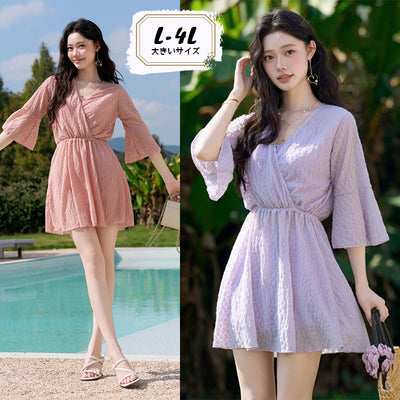 透けレースカシュクールスイムワンピ水着(L/LL/3L/4L)
