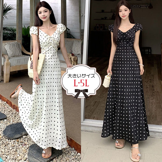 大きいサイズ レディース ドット柄 ロングワンピース 半袖 リボンデザイン フレアシルエット 夏ワンピ ブラック アイボリー 着用イメージ　クラシカルドットの美ラインサマーロングワンピ