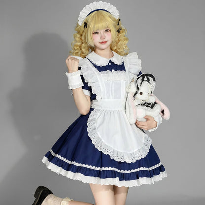 大きいサイズ レディース ネイビー×ホワイトのクラシカルメイドワンピース フリルレースエプロン付きロリータ風デザイン着用イメージ1