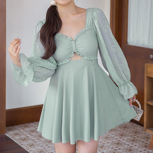 大きいサイズ レディース ピンクグリーンリボンデザインスイムワンピース レース長袖 フレアスカート 体型カバー 水着 着用イメージ