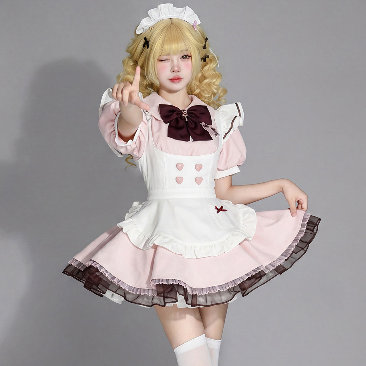 大きいサイズ レディース ハートボタンのショコラピンクメイドセット・ハロウィン・コスプレ(M/L/LL/3L/4L/5L/6L)
