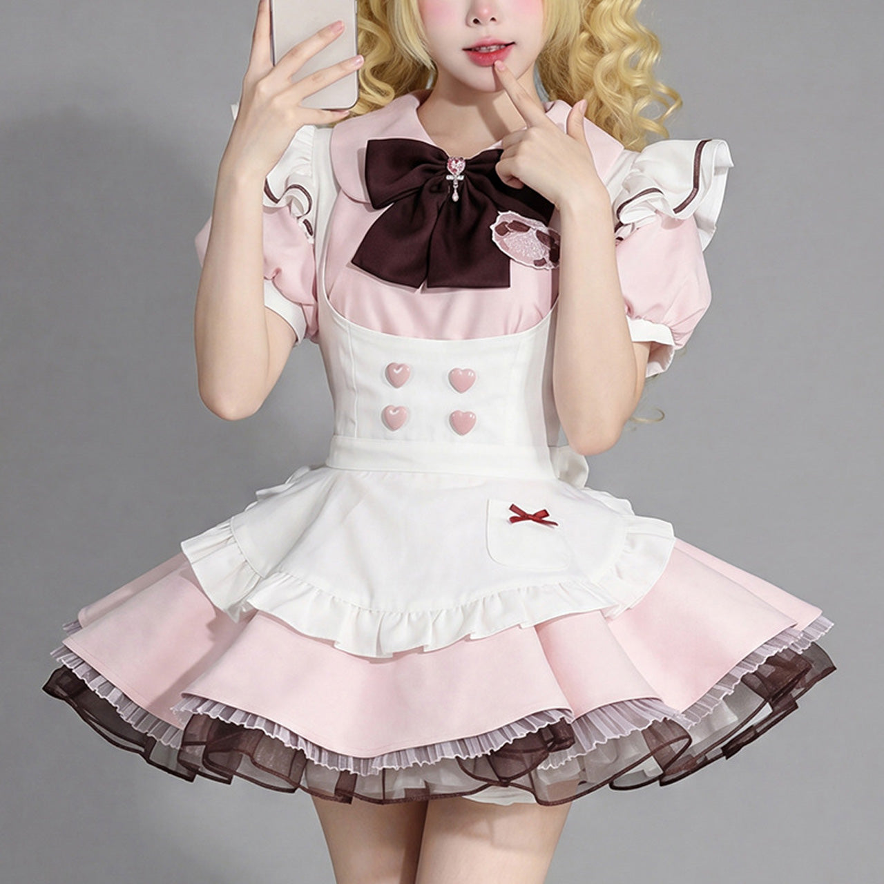 大きいサイズ レディース ハートボタンのショコラピンクメイドセット・ハロウィン・コスプレ(M/L/LL/3L/4L/5L/6L)