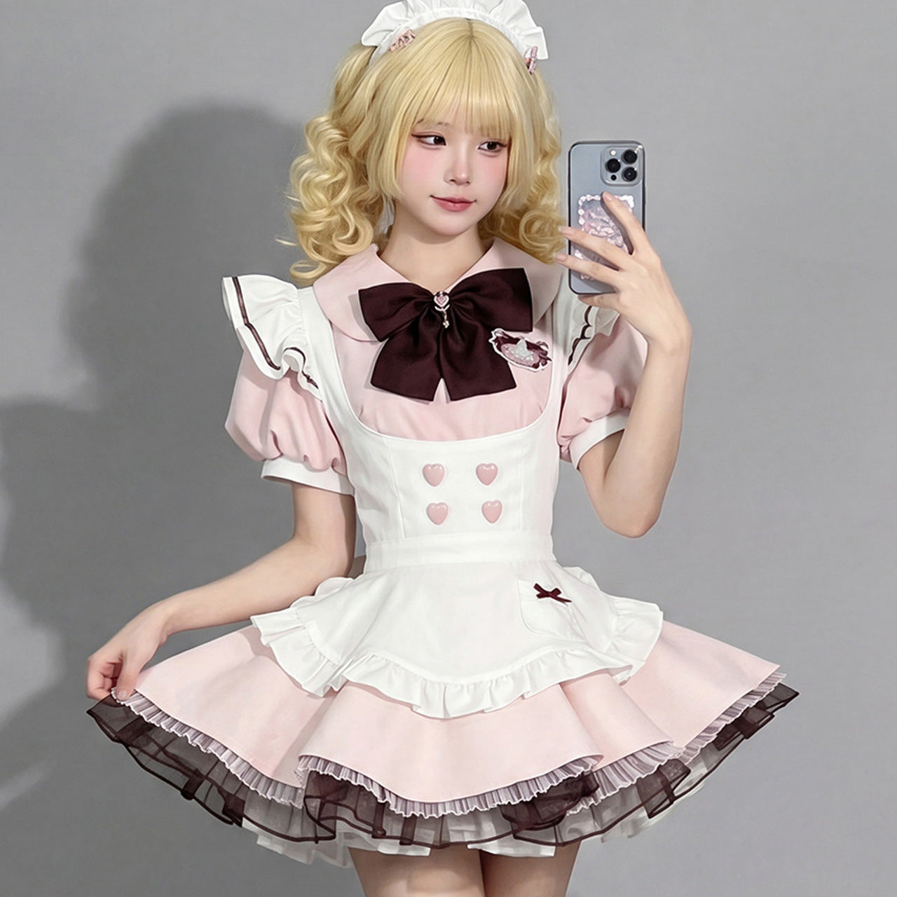 大きいサイズ レディース ハートボタンのショコラピンクメイドセット・ハロウィン・コスプレ(M/L/LL/3L/4L/5L/6L)
