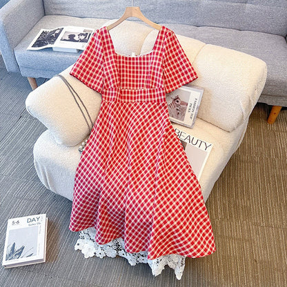 いちご畑の裾レースチェックワンピ(3L/4L/5L/6L/7L)
