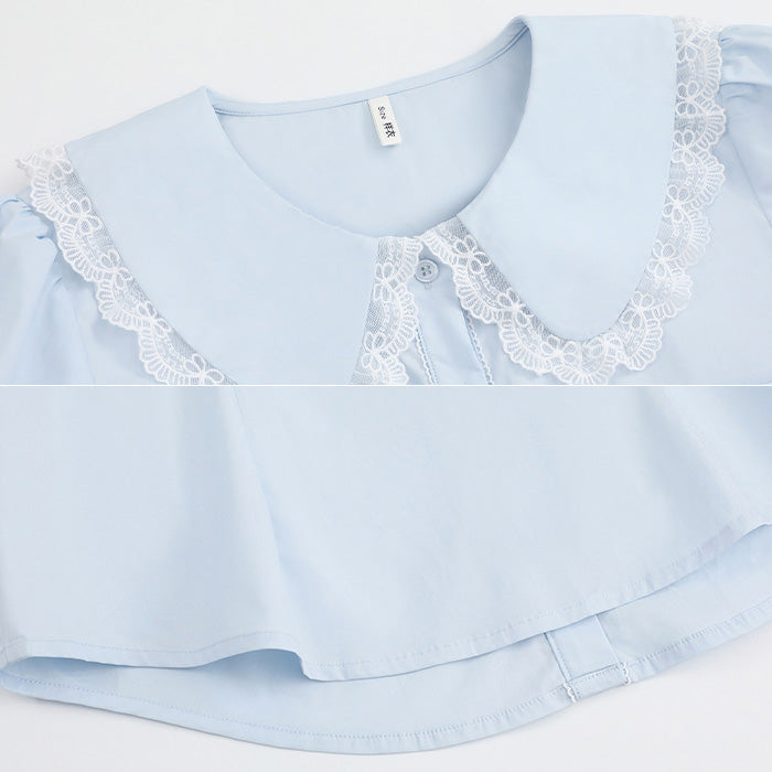 パラスパレス 刺繍 ちび襟 ブラウス ライトブルー/ホワイト サイズ3 大きいサイズ レディース｜水色お嬢さんのレース襟ブラウストップス(LL