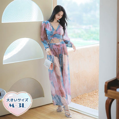 タイダイ柄シアー袖セパレートセットアップスイムウェア水着(L/LL/3L)