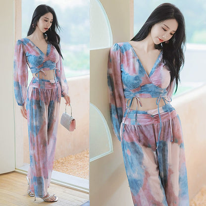 タイダイ柄シアー袖セパレートセットアップスイムウェア水着(L/LL/3L)